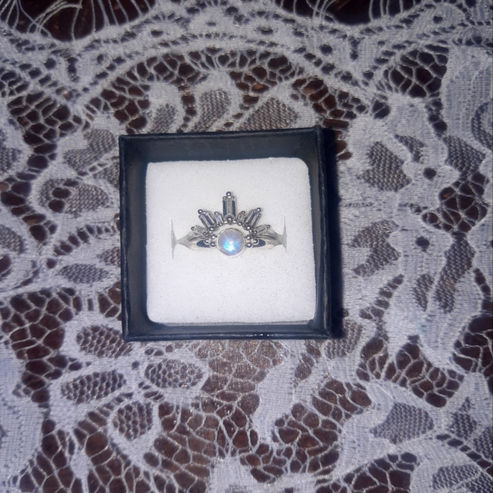 Genuine Moonstone Crystal Crown Sterling Silver Ring Set Stackable